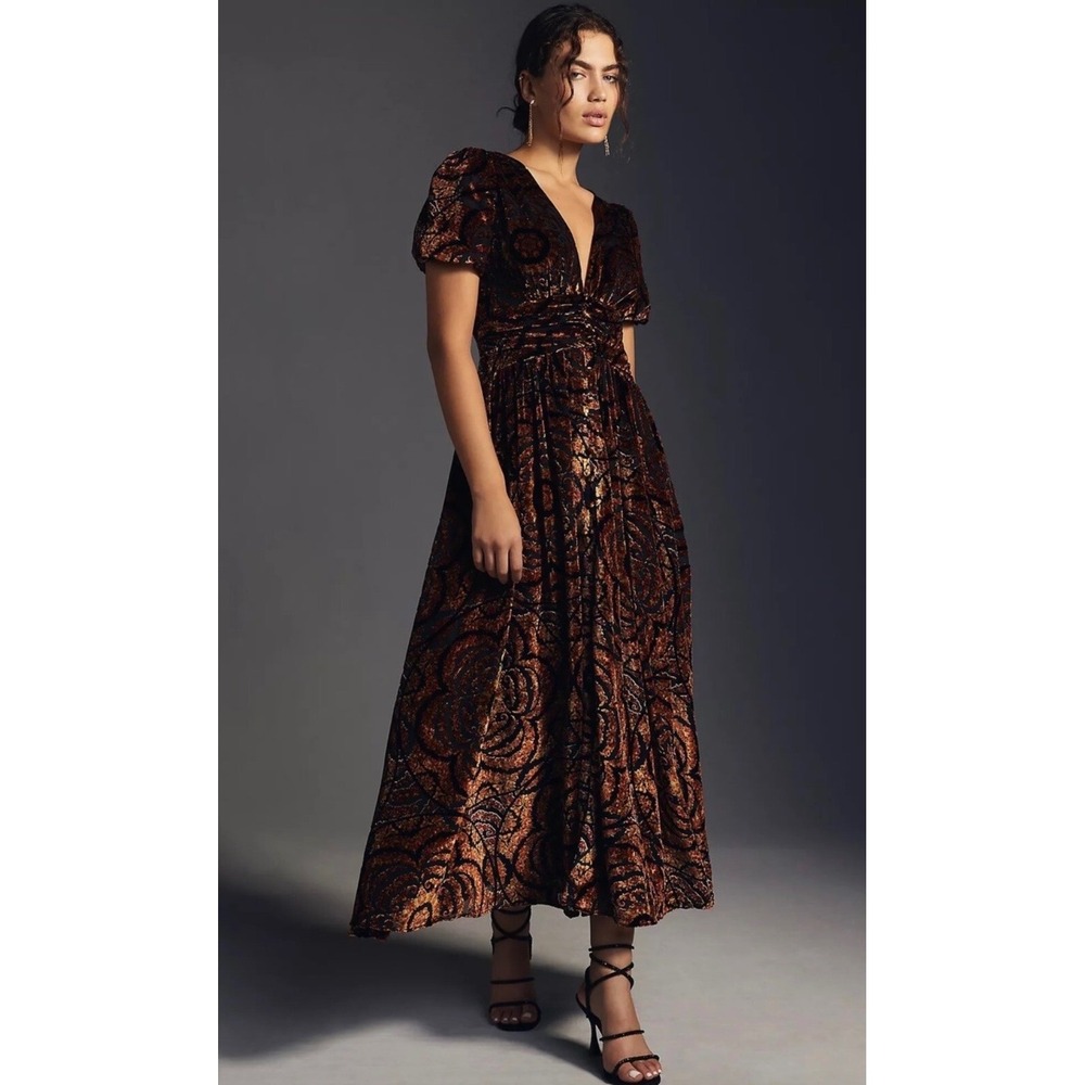 Anthropologie Catalina Burnout Velvet‎ Midi Dress Brown Size 10 Petite Party